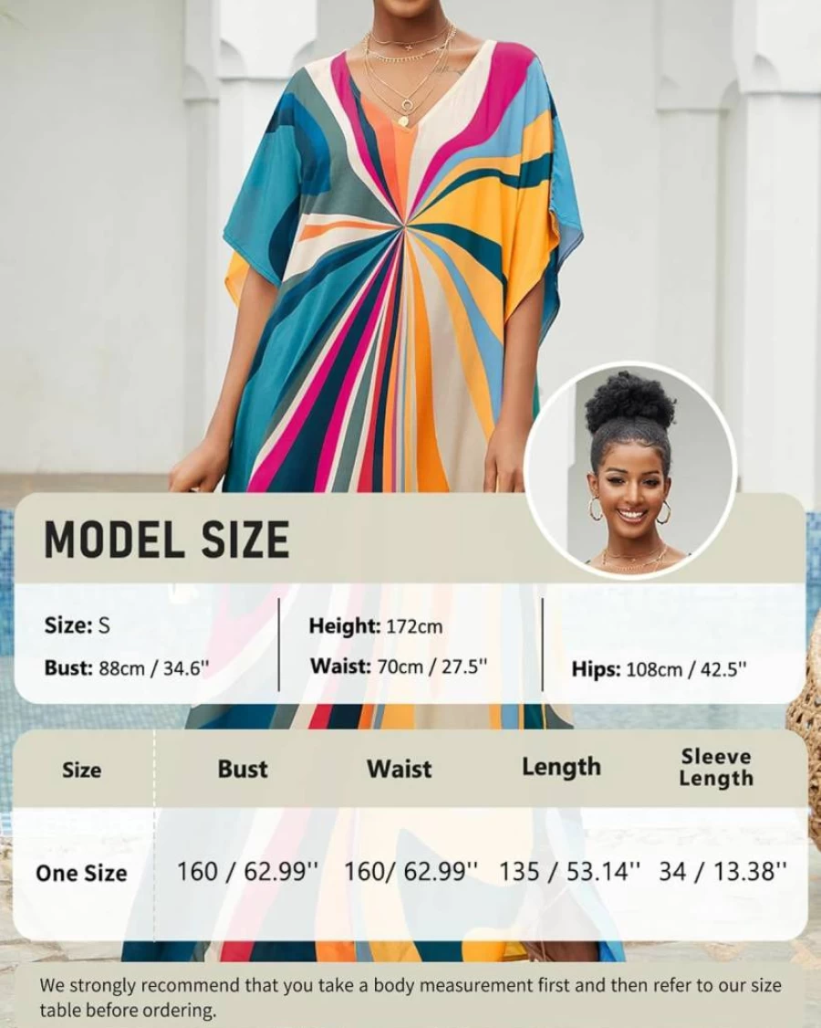 Bsubseach Women's Plus Size Kaftan Dress - V Neck Batwing Sleeve Beach Cover Up Maxi Caftan for Swimwear
