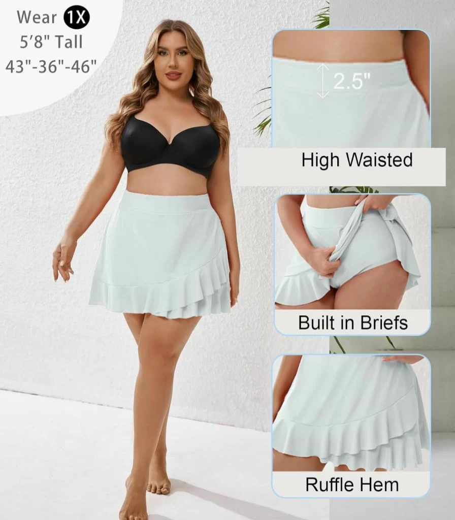 Halcurt Plus Size High Waisted Swim Skirt with Ruffle Detail & Matching Tankini Bottom - Women's Beachwear