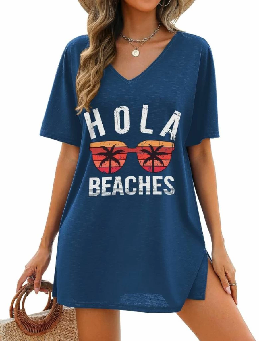 AI'MAGE Women's Loose Beach Cover Up T-Shirt Dress Short Sleeve Swimsuit Coverup Casual Bathing Suit S-3XL