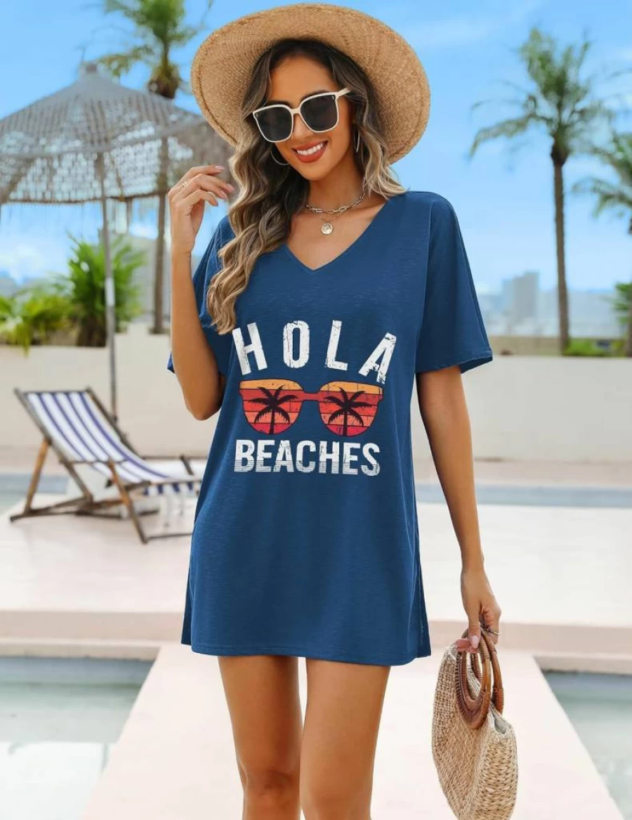AI'MAGE Women's Loose Beach Cover Up T-Shirt Dress Short Sleeve Swimsuit Coverup Casual Bathing Suit S-3XL