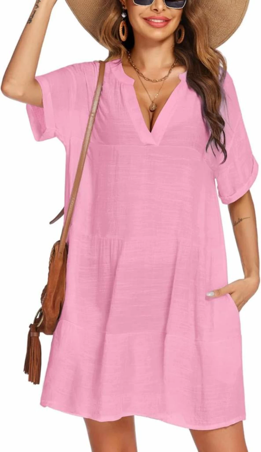 AI'MAGE Women's A-Line Beach Cover Up Dress with Pockets - Bikini Swimsuit Wrap