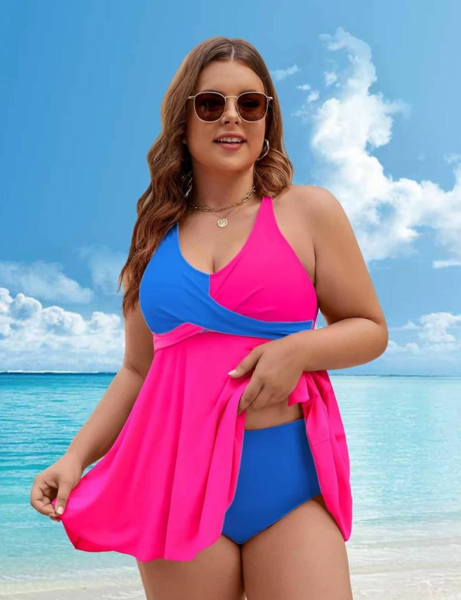 Edelqual Women's Plus Size Tankini Swimsuit Two Piece - Tummy Control Swim Dress with Shorts Bathing Suit