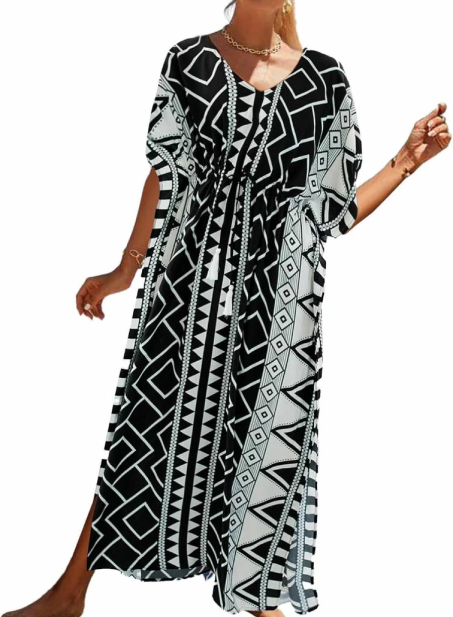 Bsubseach Plus Size Long Kaftan Dress for Women - Beach Cover Up with Waist Drawstring, Flowy Summer Caftan