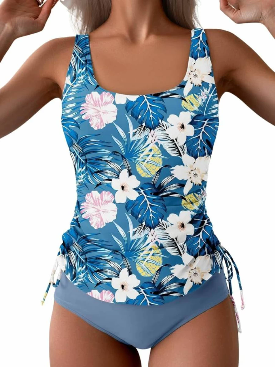B2Prity Women's Ruched Tummy Control Tankini Two-Piece Swimwear with Drawstring Bathing Suit Bottom