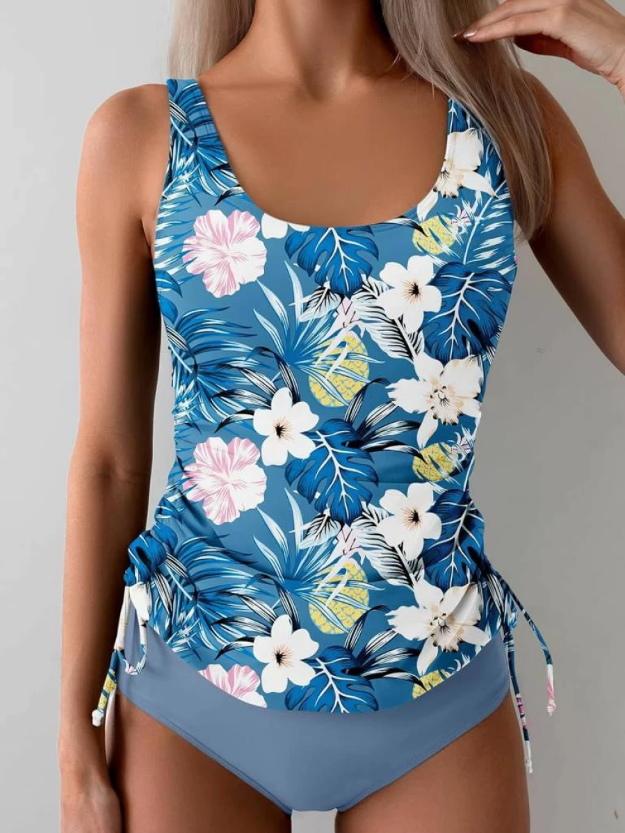 B2Prity Women's Ruched Tummy Control Tankini Two-Piece Swimwear with Drawstring Bathing Suit Bottom