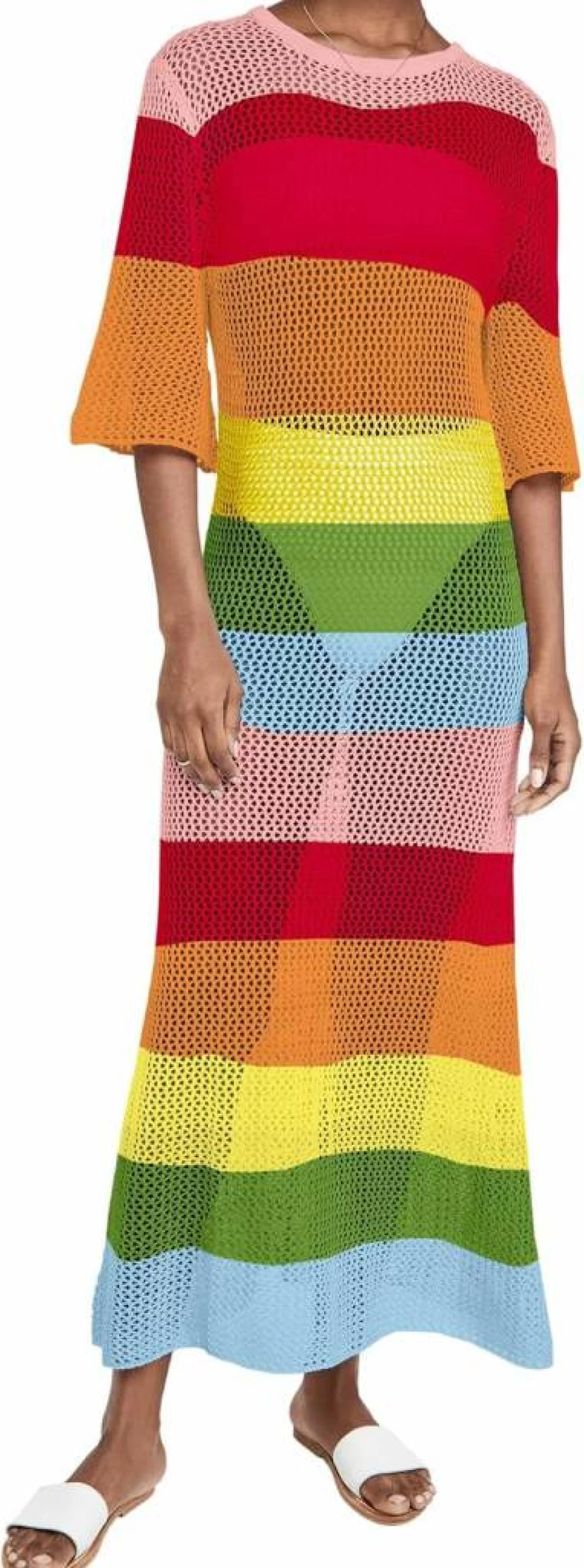 LANNEW Women's Rainbow Crochet Beach Cover Up Dress Long Sleeve Swimwear Bikini Wrap