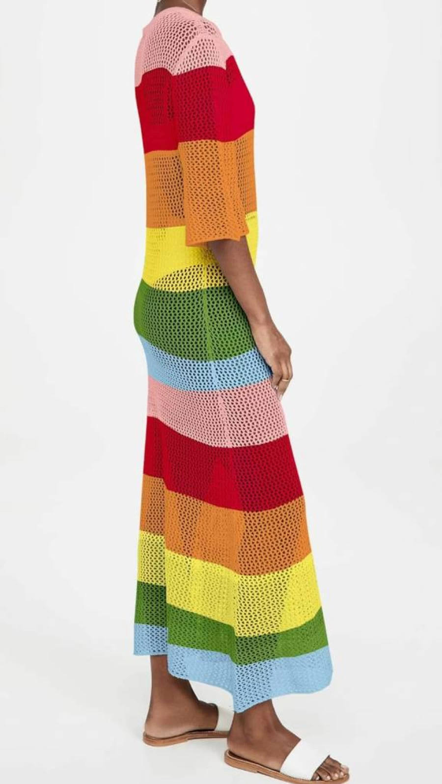 LANNEW Women's Rainbow Crochet Beach Cover Up Dress Long Sleeve Swimwear Bikini Wrap