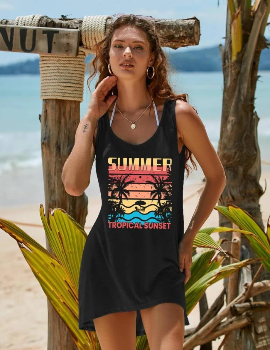 Ekouaer Women's Printed Sleeveless Beach Cover Up Dress - Summer Bikini T-Shirt Tank Swimwear