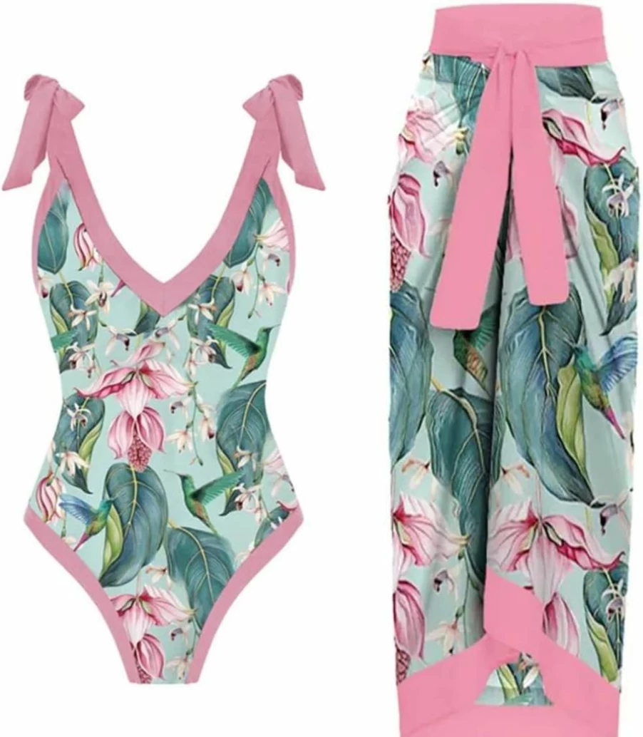 IMEKIS Women's Floral Print Bikini Swimsuit 2-Piece Set with Cover Up Skirt Tropical Beach Bathing Suit