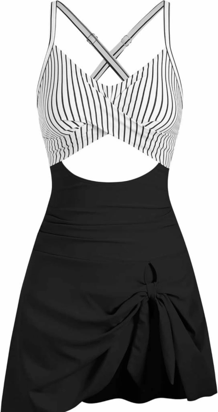 ZAFUL Women's Modest One Piece Swimsuit with Tummy Control, Push Up, V Neck, Cutout Detail, and Tie Knot Skirt
