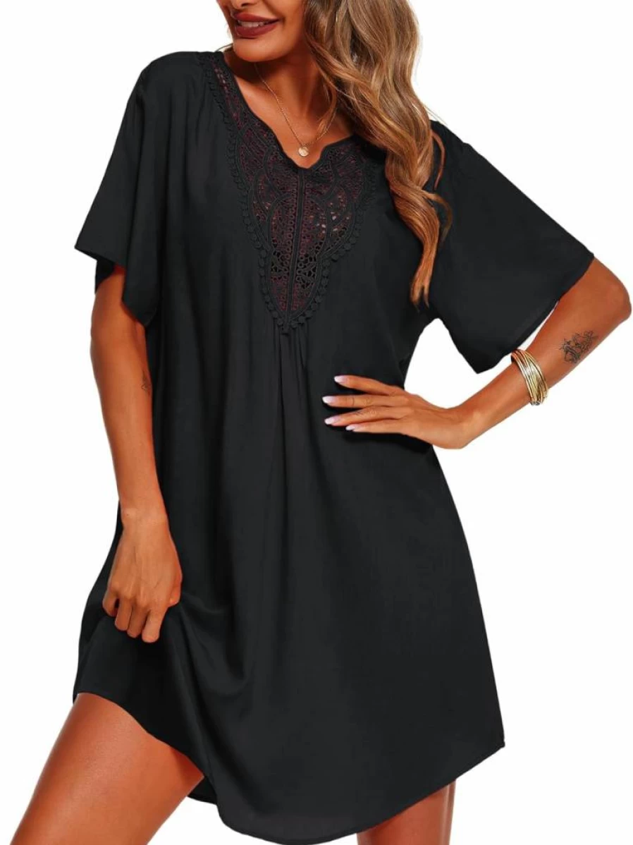 Supnier Women's Lace Crochet Beach Cover Up Dress V Neck Swimsuit Cover Up for Summer