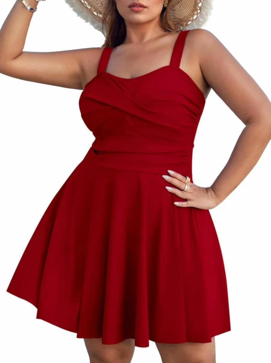 Sovoyontee Plus Size Swimdress Tankini Two-Piece Bathing Suit with Flowy Cover and Shorts for Women