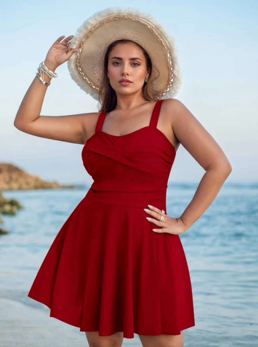 Sovoyontee Plus Size Swimdress Tankini Two-Piece Bathing Suit with Flowy Cover and Shorts for Women