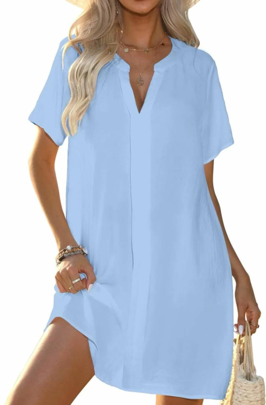 Halife Women's Summer Beach Cover Up Shirt - V Neck Short Sleeve Bathing Suit Swimsuit Coverup