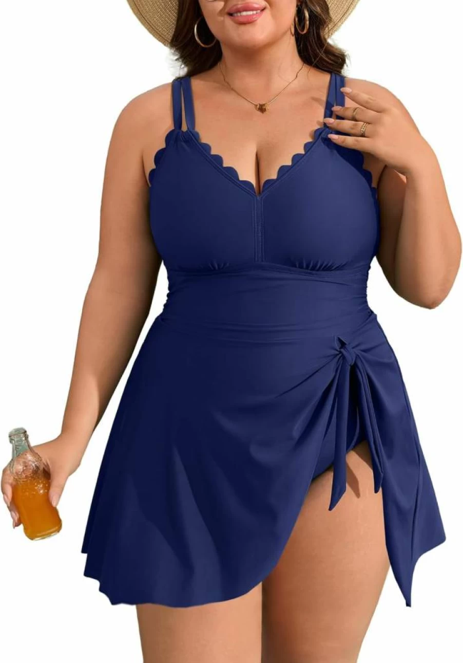 Charmo Women's Plus Size Tummy Control One Piece Swimsuit - Ruched Swim Dress with Scalloped Design 2025