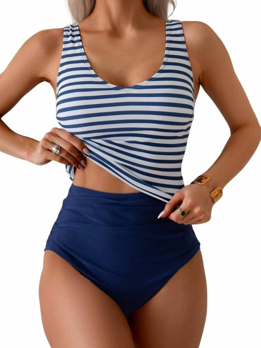 Eomenie Women's Tummy Control Two-Piece Tankini Swimsuits High Waisted Bottom Cutout Back Bathing Suits