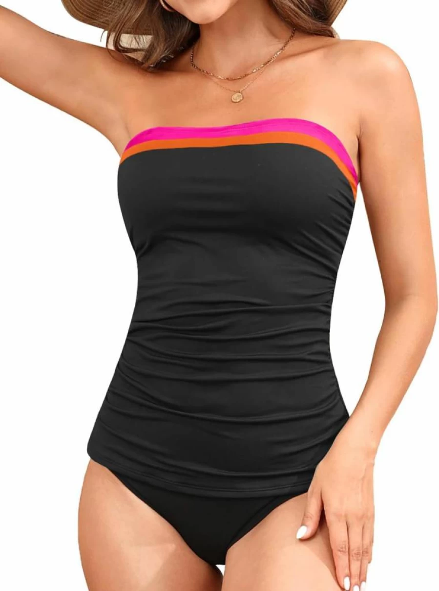 Aqua Eve Women's Strapless Ruched Tankini Two-Piece Swimsuit - Tummy Control Bandeau Bikini Set