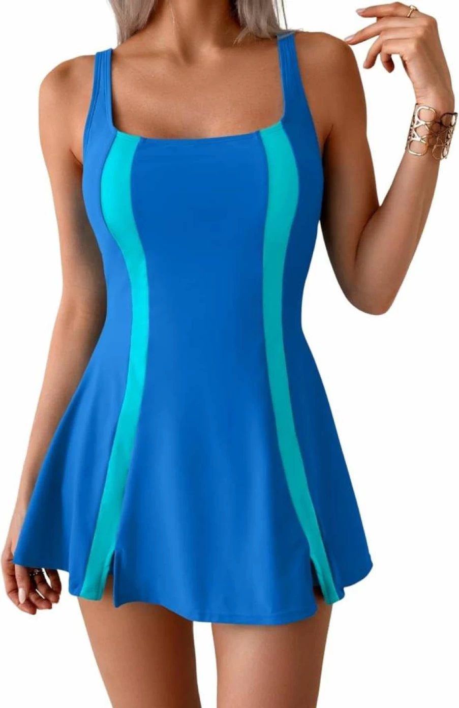 Aidonger Women's Tummy Control One Piece Swimdress - Color Block Modest Bathing Suit with Skirt