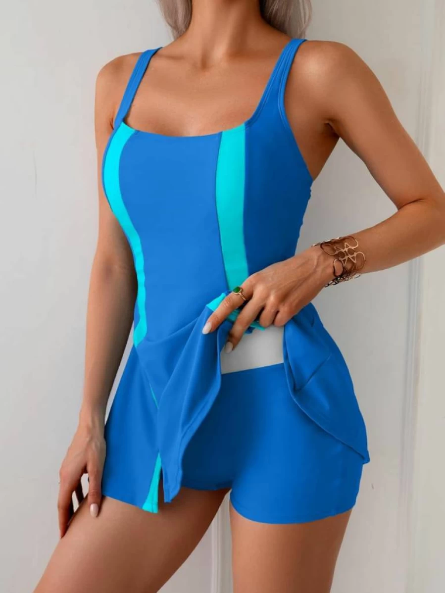 Aidonger Women's Tummy Control One Piece Swimdress - Color Block Modest Bathing Suit with Skirt