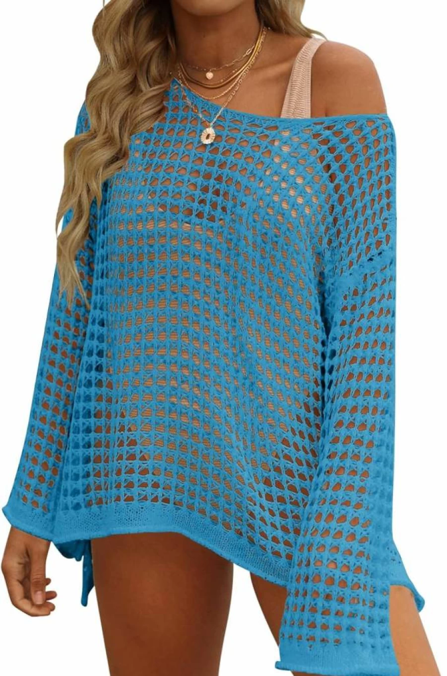 ZESICA Women's 2025 Summer Crochet Bikini Cover Up Long Sleeve Mesh Beach Tunic Top Hollow Out Design
