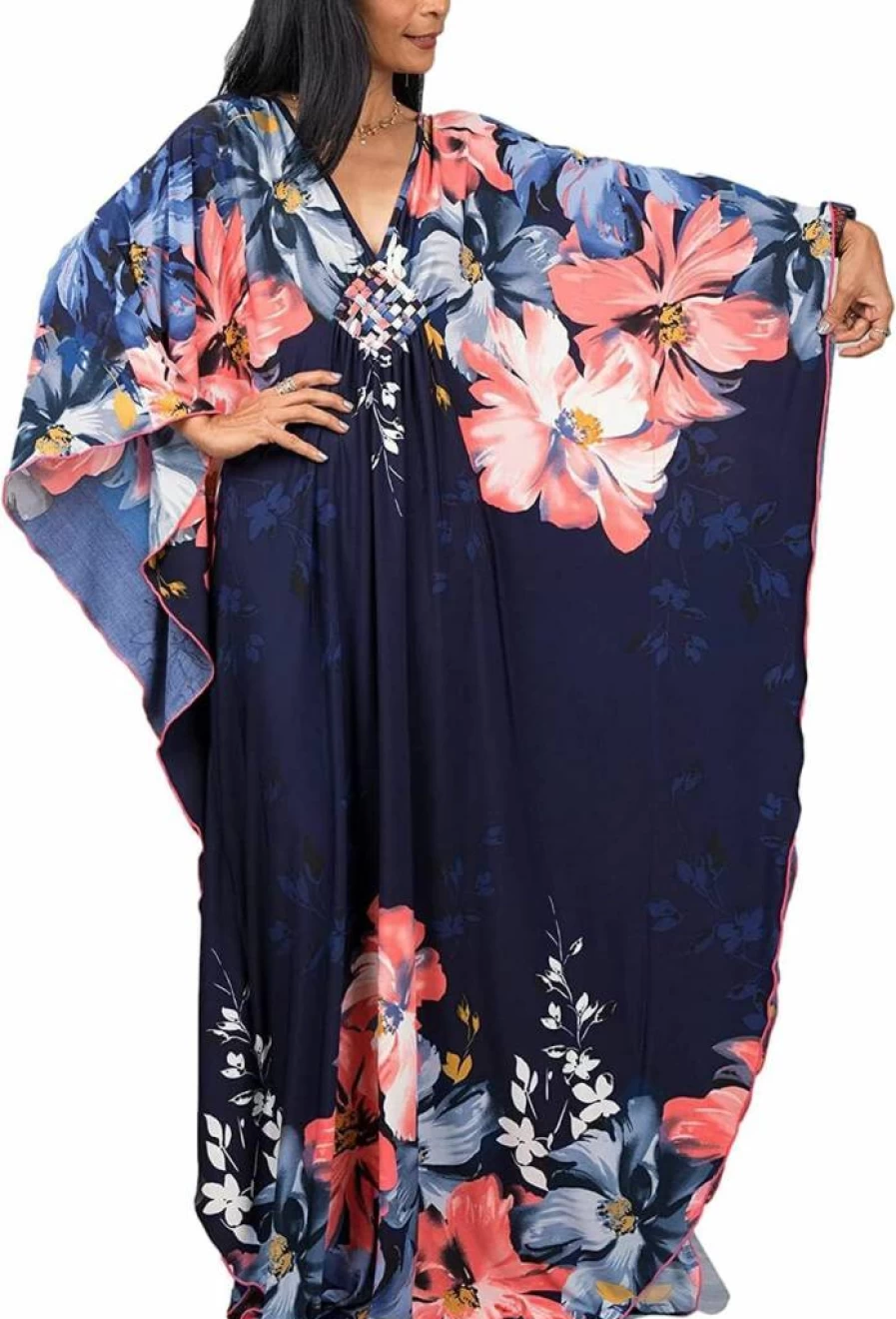 Venasha Women's Floral Print Caftan Dress - Summer Short Sleeve Cover Up, Beach Loungewear & Swimsuit Kaftan