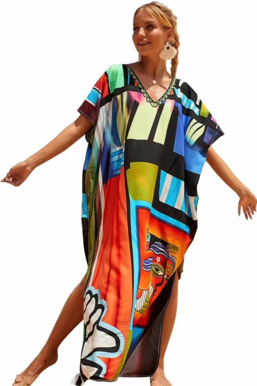 CHERRY CAT Women's Beach Cover Up Kaftan Dress Long Casual Swimwear Coverups Lightweight Summer Tunic