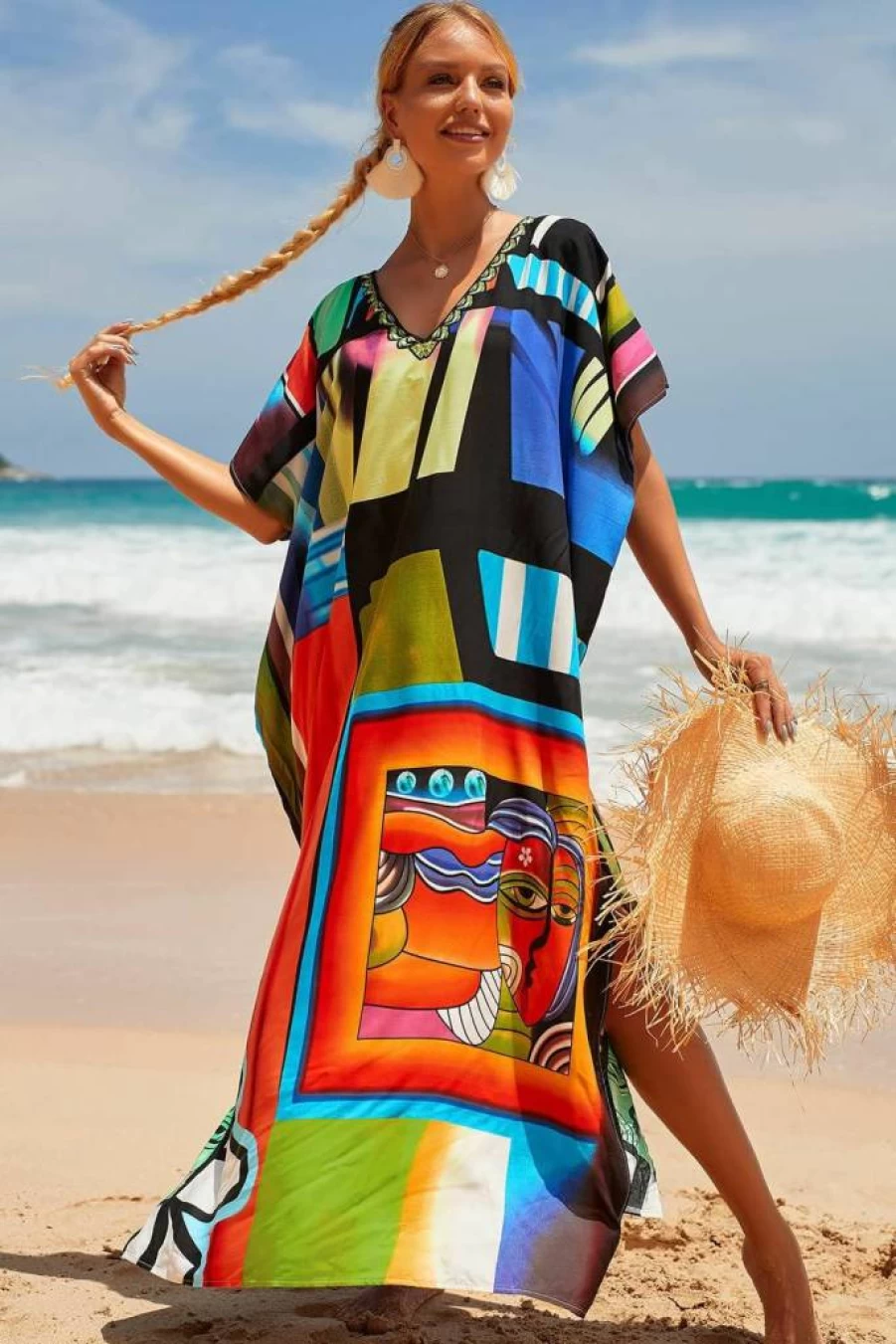 CHERRY CAT Women's Beach Cover Up Kaftan Dress Long Casual Swimwear Coverups Lightweight Summer Tunic