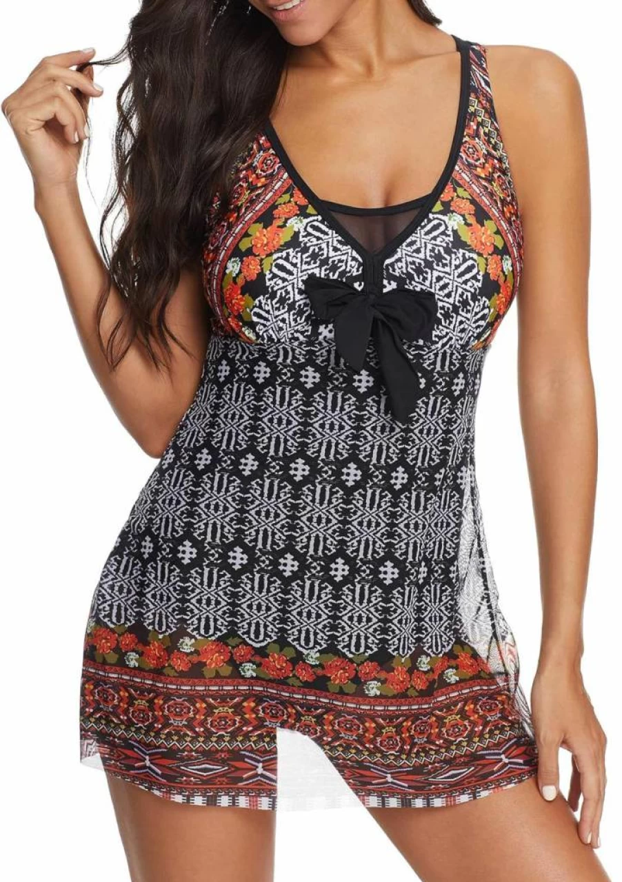 American Trends Women's Tummy Control One Piece Swimdress – Athletic Mesh Swimwear for Beach & Pool