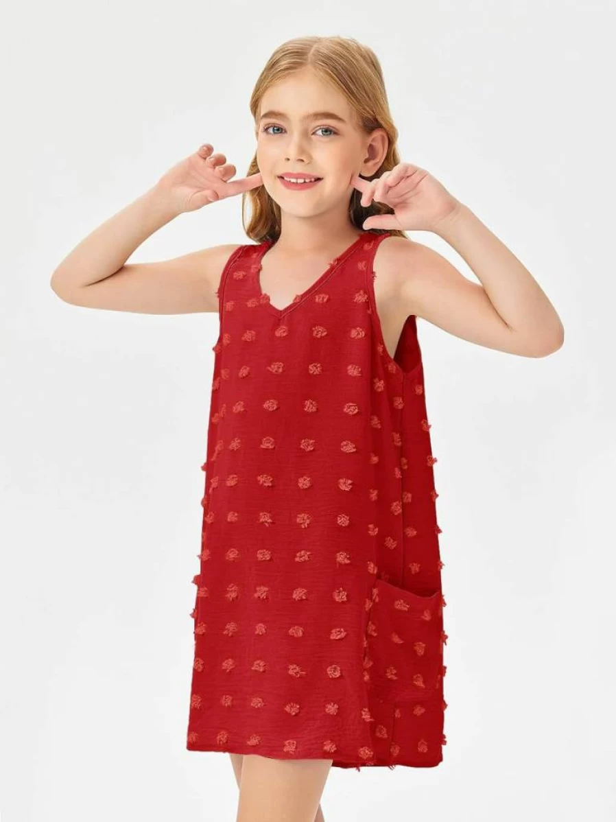 Batermoon Girls Summer Beach Dress - Swiss Dot Boho Cover Up with Pockets, V-Neck Cute Swim Dress for Kids 4-14 Years