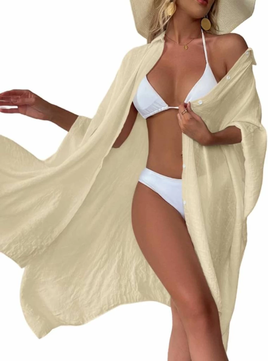 AMOURRI Batwing Sleeve Kimono Cover Up - Beach Button Front Bathing Suit Wrap
