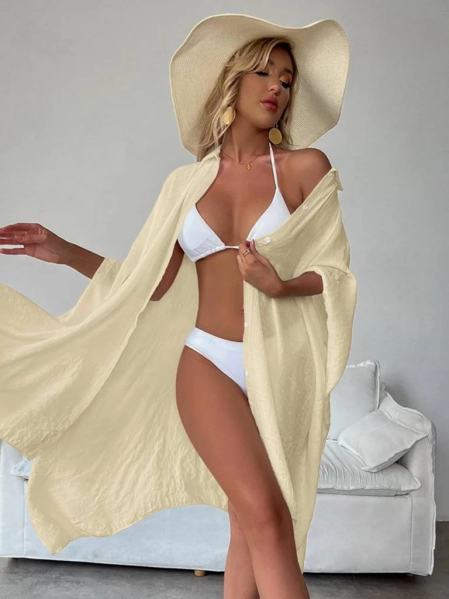 AMOURRI Batwing Sleeve Kimono Cover Up - Beach Button Front Bathing Suit Wrap