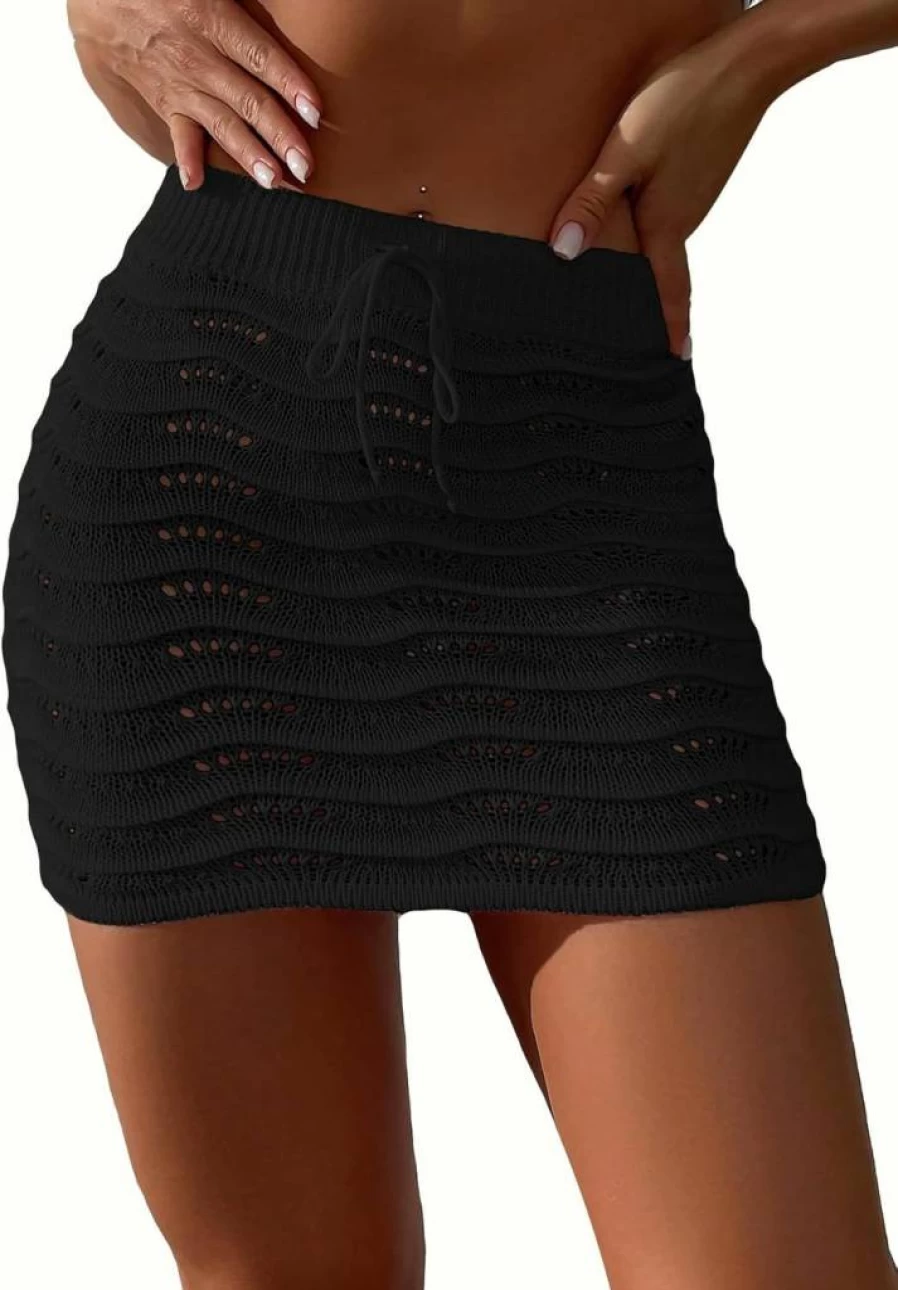 SHENHE Women's Crochet Bikini Cover Up Beach Skirt - Hollow Out Drawstring Tie Front Sarong for Swimwear