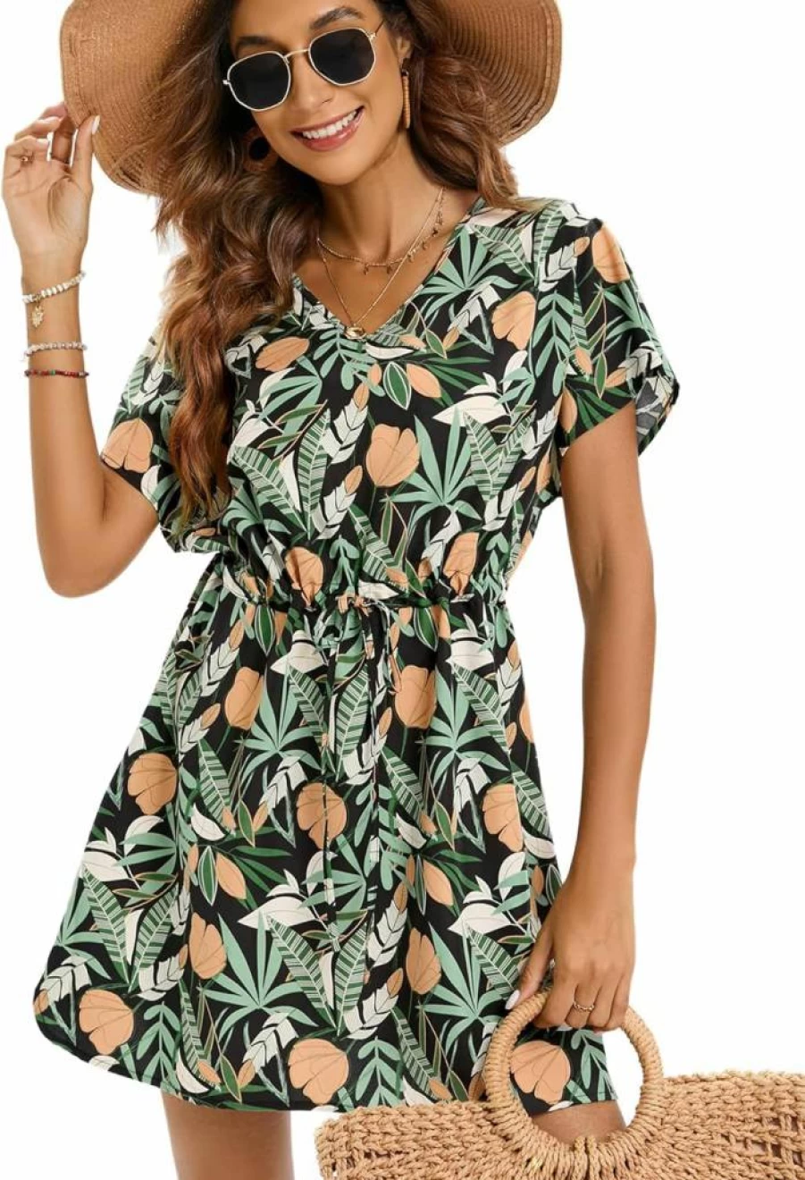 Bluetime Women's Flowy V-Neck Beach Cover Up Dress Short Sleeve Summer Swimwear Casual Mini Dress