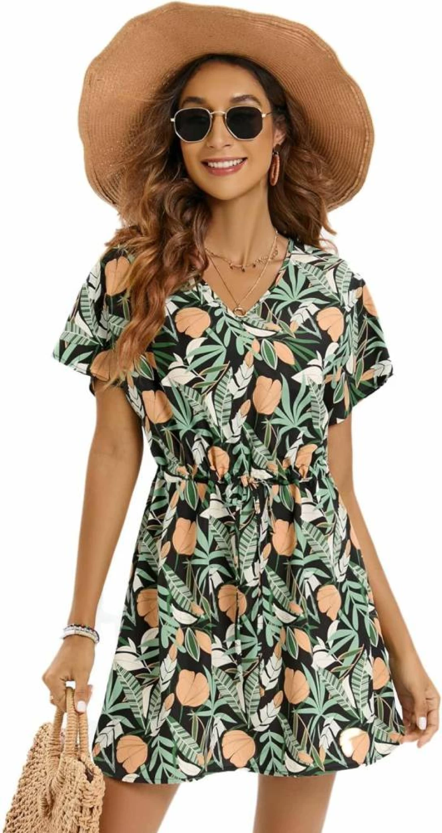 Bluetime Women's Flowy V-Neck Beach Cover Up Dress Short Sleeve Summer Swimwear Casual Mini Dress