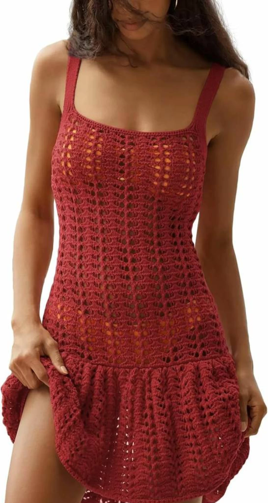 Fisoew Women's Sleeveless Crochet Beach Cover Up Dress - Summer Hollow Out Knit Swimwear Coverup for Swimsuits