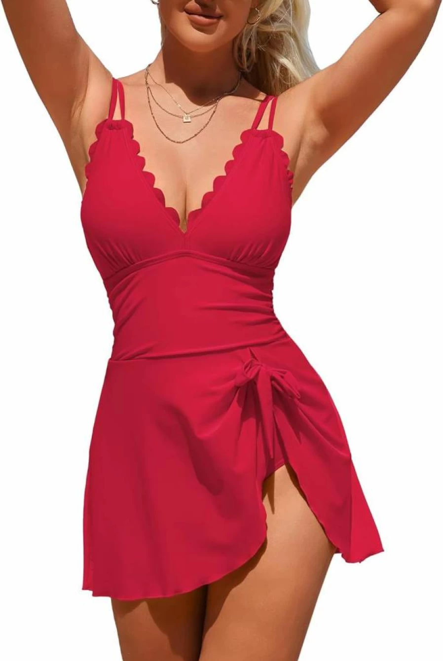 Charmo Women's Tummy Control One Piece Swimdress with Scalloped Edge and Tie Knot Skirt - Flattering Bathing Suit for Beach & Pool