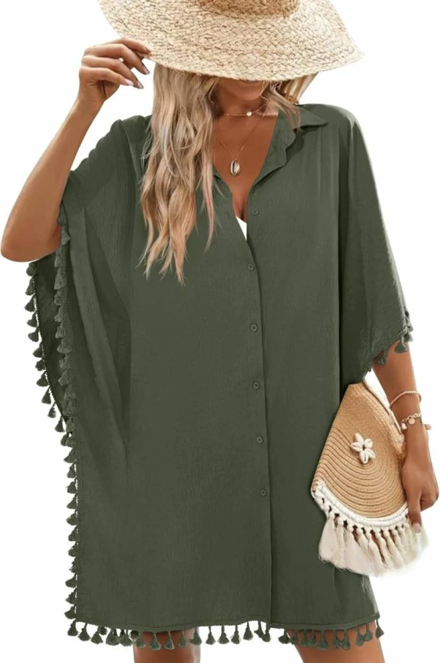 AI'MAGE Women's Beach Cover Up 3/4 Sleeve Oversized Tassel Button Down Swimsuit Shirt S-3XL