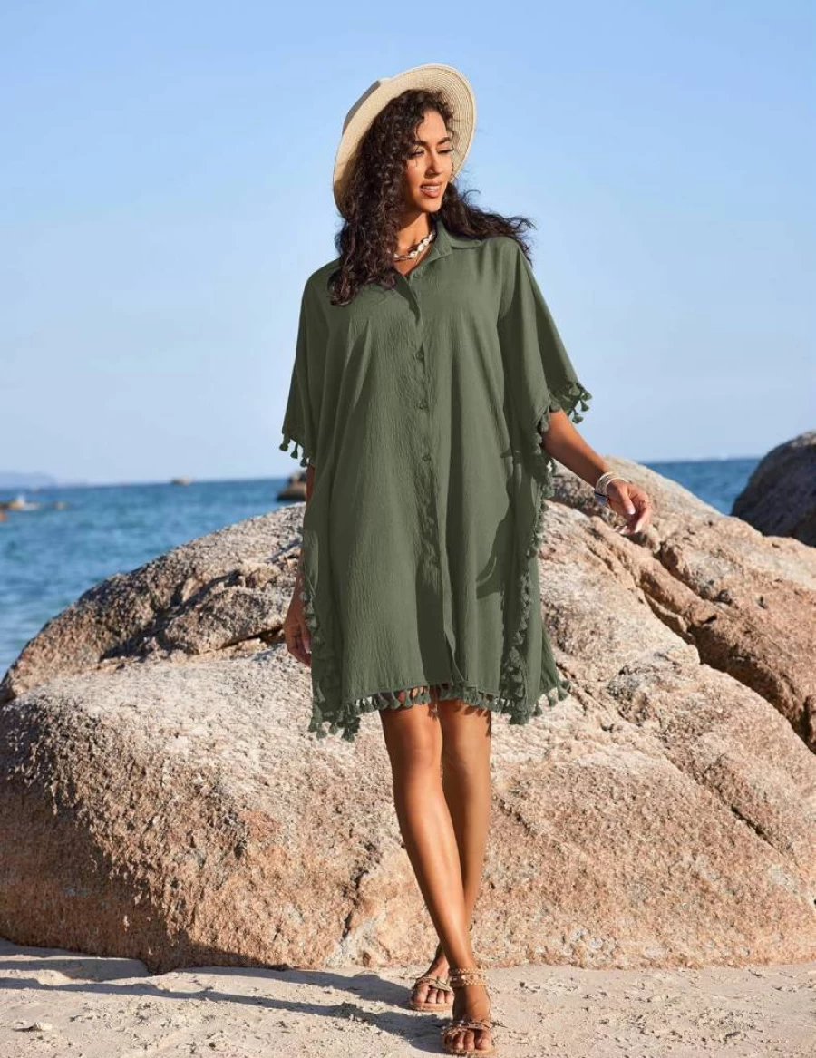 AI'MAGE Women's Beach Cover Up 3/4 Sleeve Oversized Tassel Button Down Swimsuit Shirt S-3XL