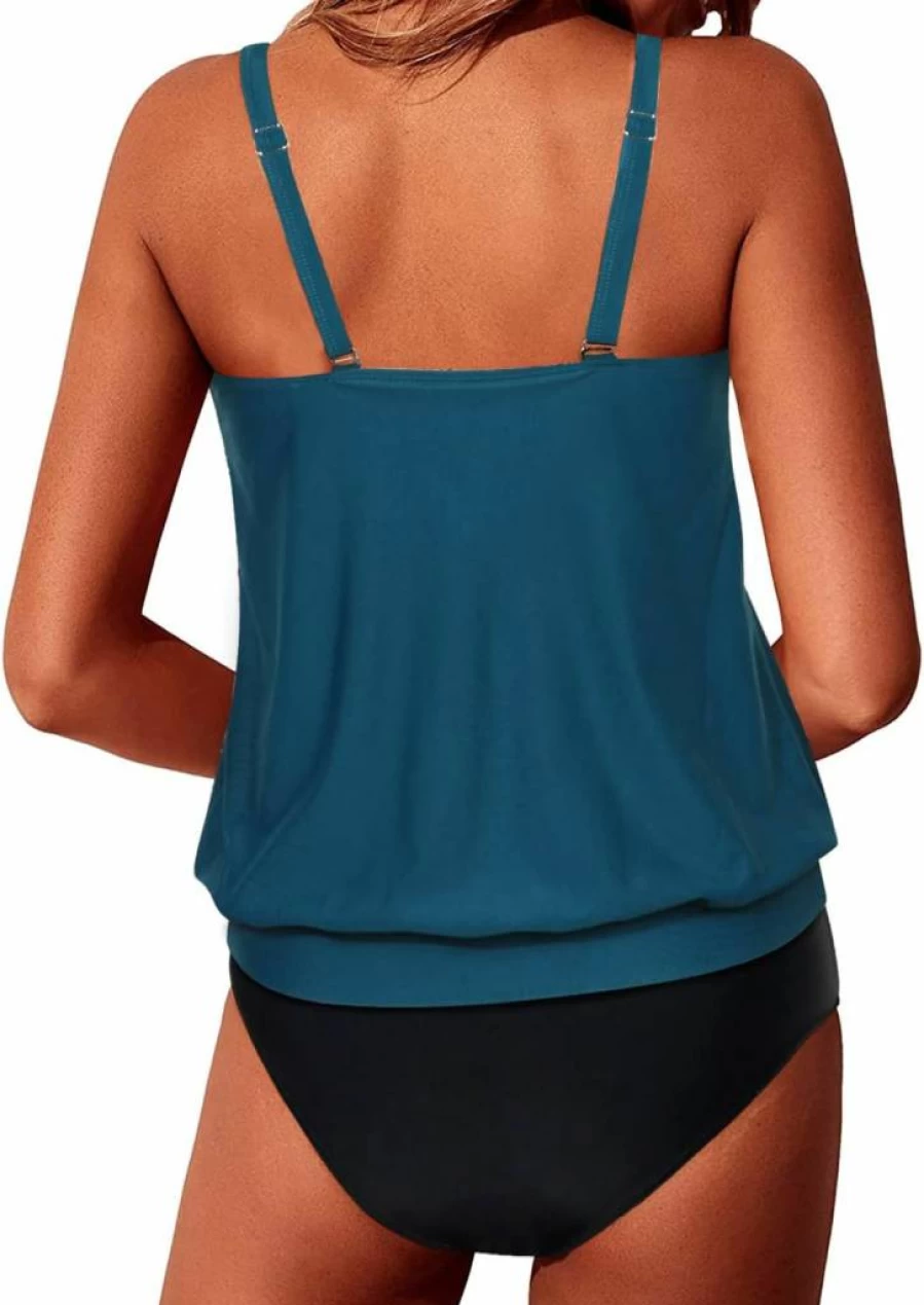 Yonique Women's Modest Two-Piece Tankini Swimwear - Loose Fit Blouson Bathing Suit for Summer