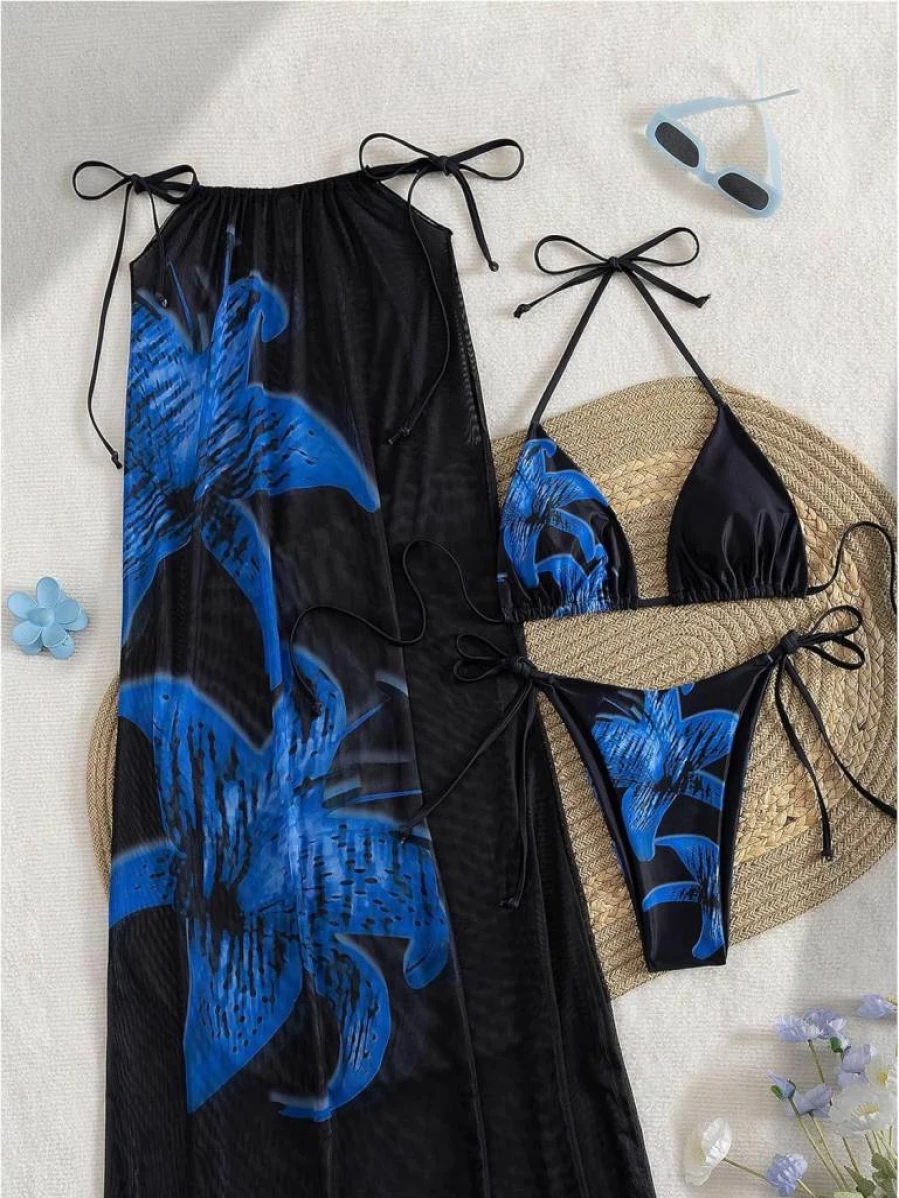 MakeMeChic Women's Floral Triangle Bikini Set with Cover Up Skirt - 3 Piece Halter Swimsuit Beach Outfit