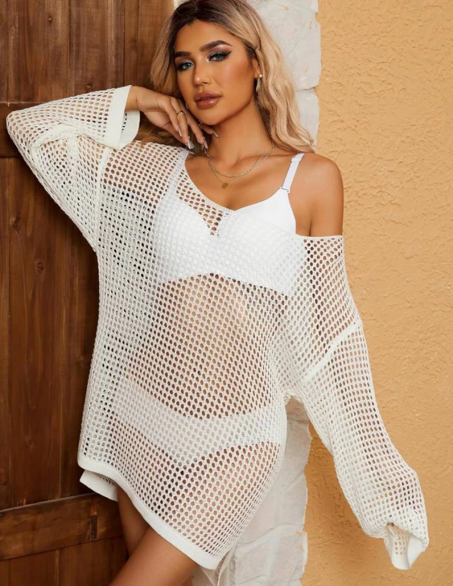 Gowpug Sexy Crochet Knit Swimsuit Cover Up for Women 2025 Long Sleeve Beach Coverup Bathing Suit Coverups