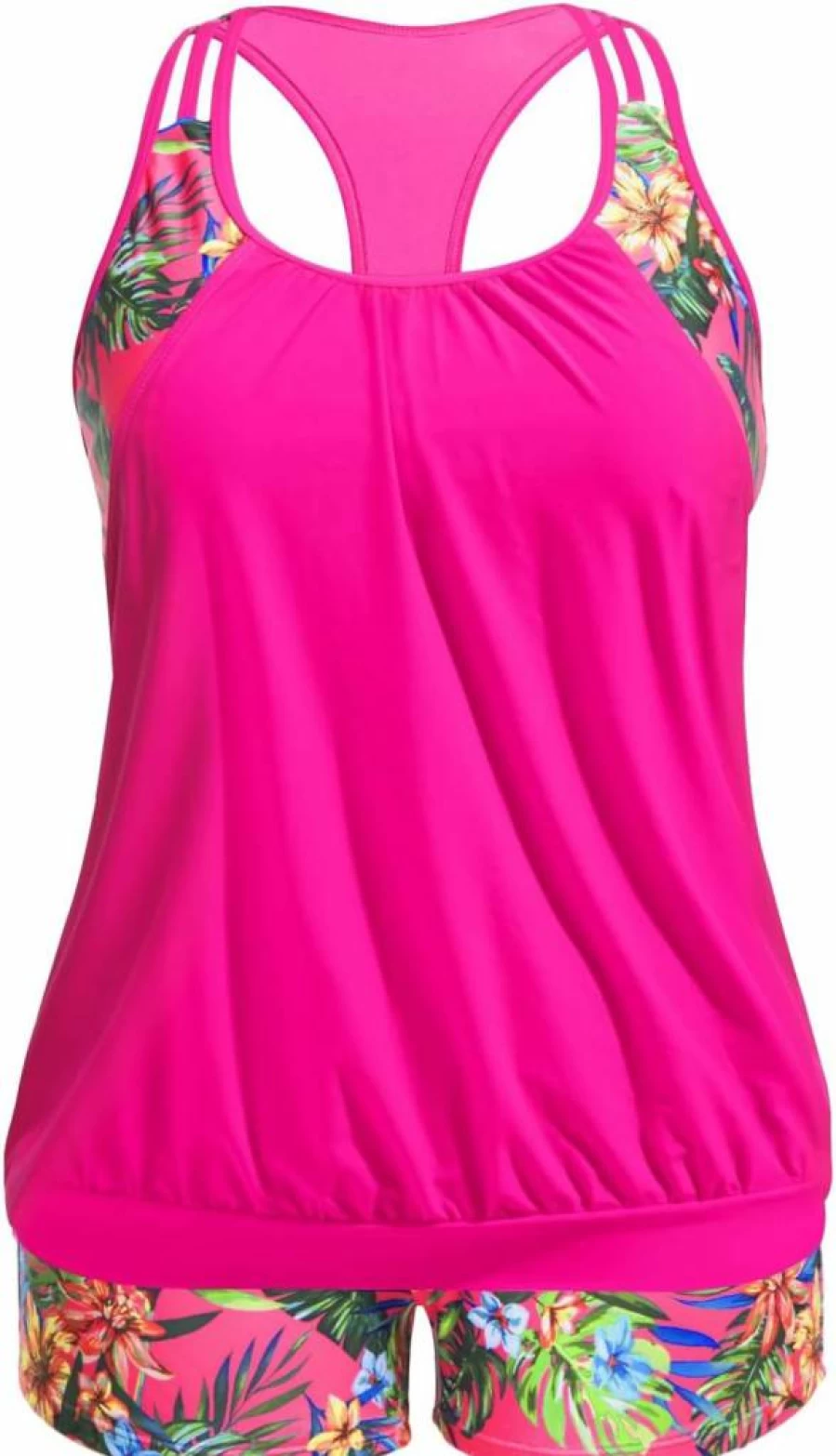 Holipick Plus Size Tummy Control Tankini Swimsuit for Women - Racerback Blouson Top with High-Waisted Shorts Two-Piece Bathing Suit