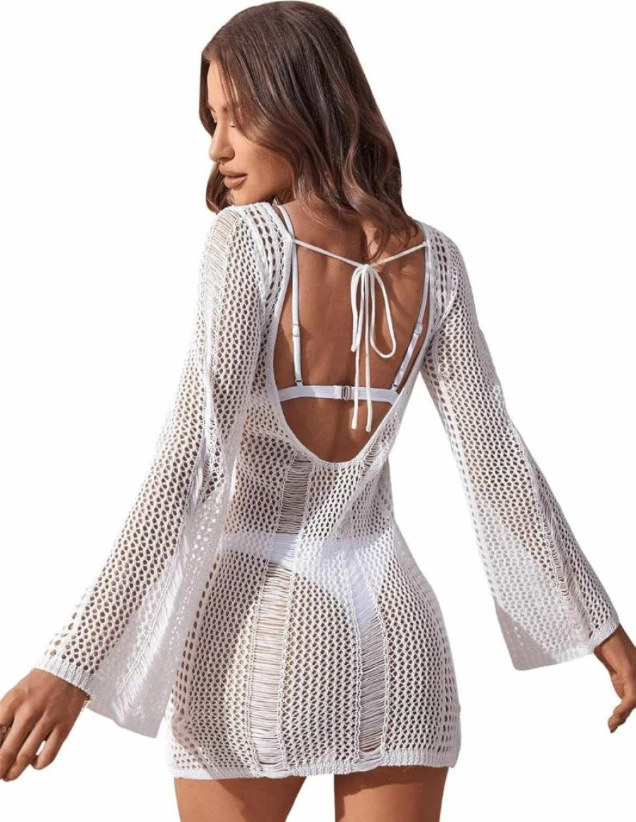 Floerns Women's Long Sleeve Crochet Beach Cover Up - Hollow Out Bikini Swimsuit Wrap - Lightweight Summer Swimwear