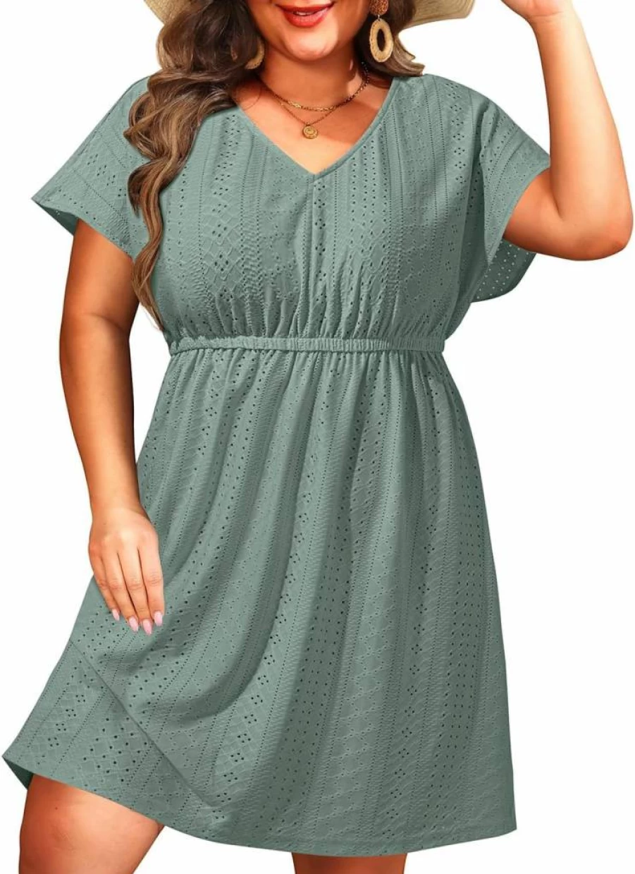 Pinup Fashion Plus Size Beach Cover Up - V Neck Hollow Out Swimsuit Dress for Women