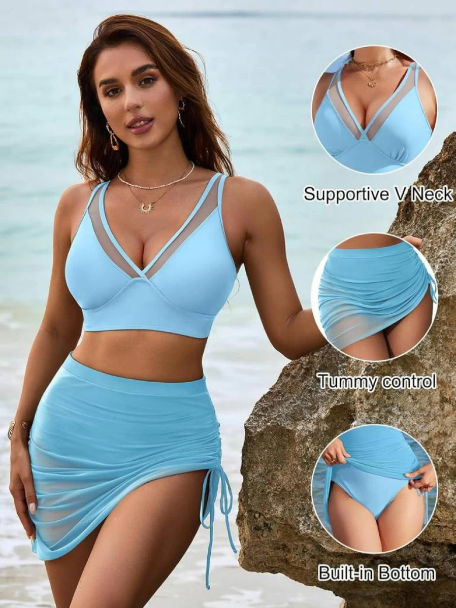 Blooming Jelly Women's High Waisted Bikini Set with Tummy Control - Mesh Swim Skirt & Sarong Wrap Bathing Suits