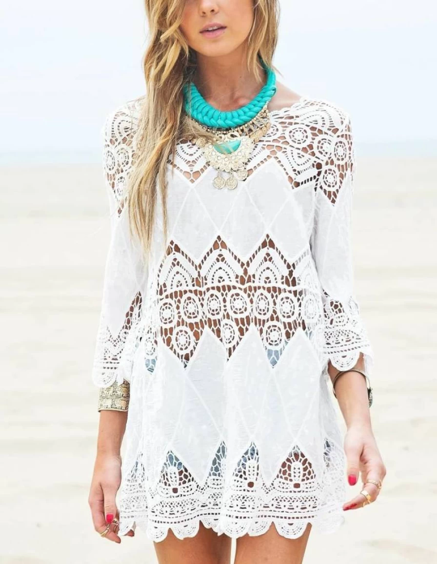 Jeasona Women's White Lace Crochet Beach Cover Up Tunic - Bikini Dress Swimwear for Summer, Size M