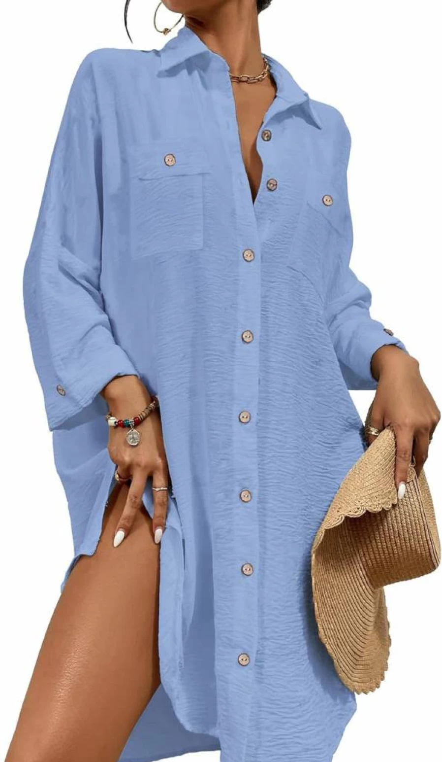 Bsubseach Women's Button Down Cover Up Dress - Lightweight Beach Swimsuit Shirt for Summer