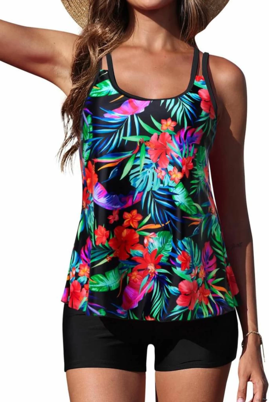 Yonique Women's Athletic Tankini Swimwear Set - Tummy Control Two-Piece Bathing Suit with Tank Top & Boy Shorts