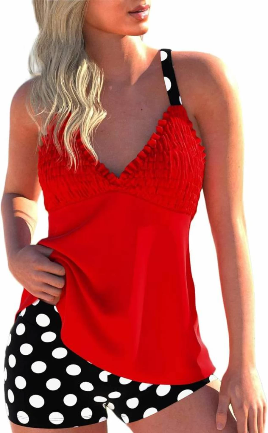 ROSEWE Women's Smocked Swim Dress Tankini Two-Piece Set with Printed Board Shorts Bathing Suits