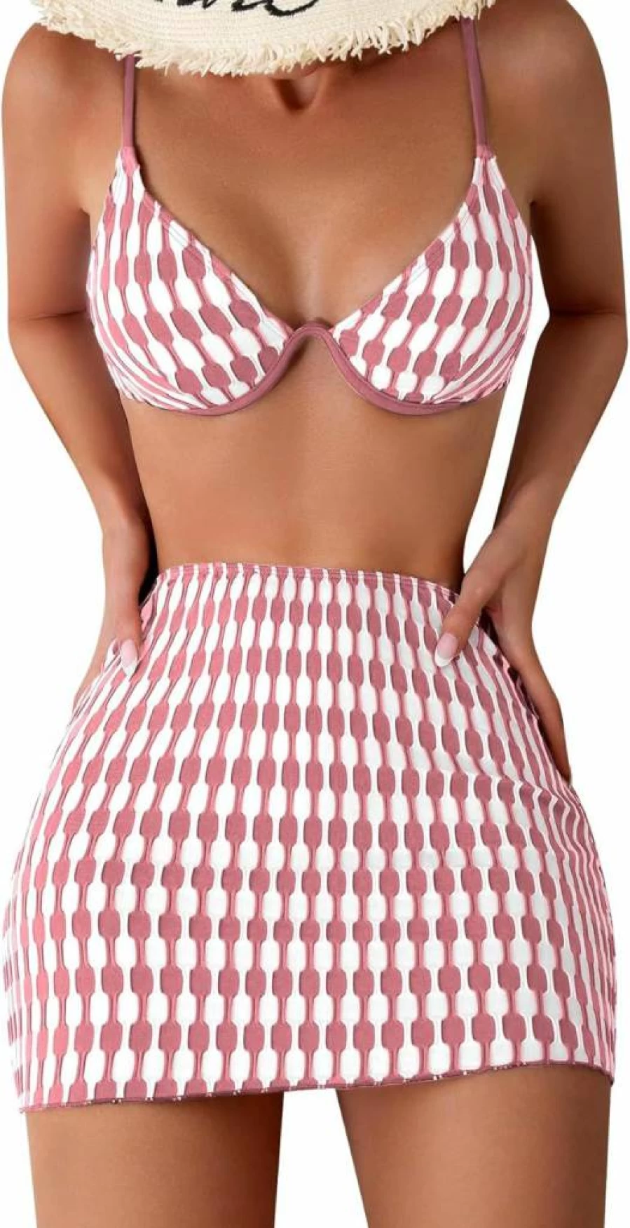 Floerns Women's 3-Piece Bikini Set with Beach Skirt - Allover Print Swimwear for Summer Vacation